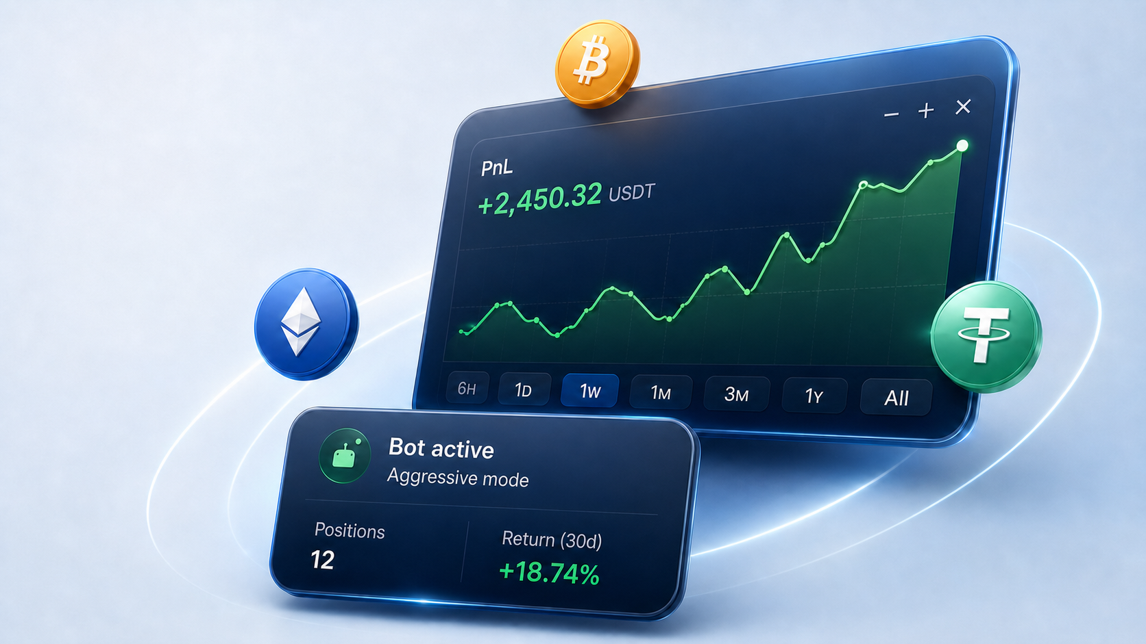 TradeBot 3D visual with a PnL chart and an active bot